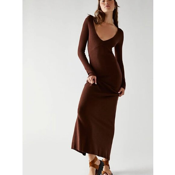 Free People (FP Beach) Trixie Sweater Ribbed Brown Maxi Knit Dress Size M - Picture 1 of 7